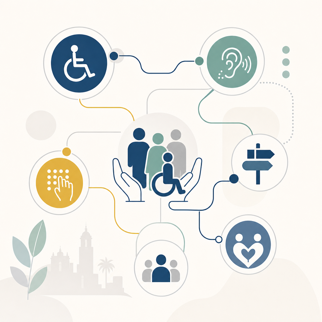 Professional line-art illustration of abstract accessibility symbols connected by calm pathway lines to represent supportive guidance and referral connections