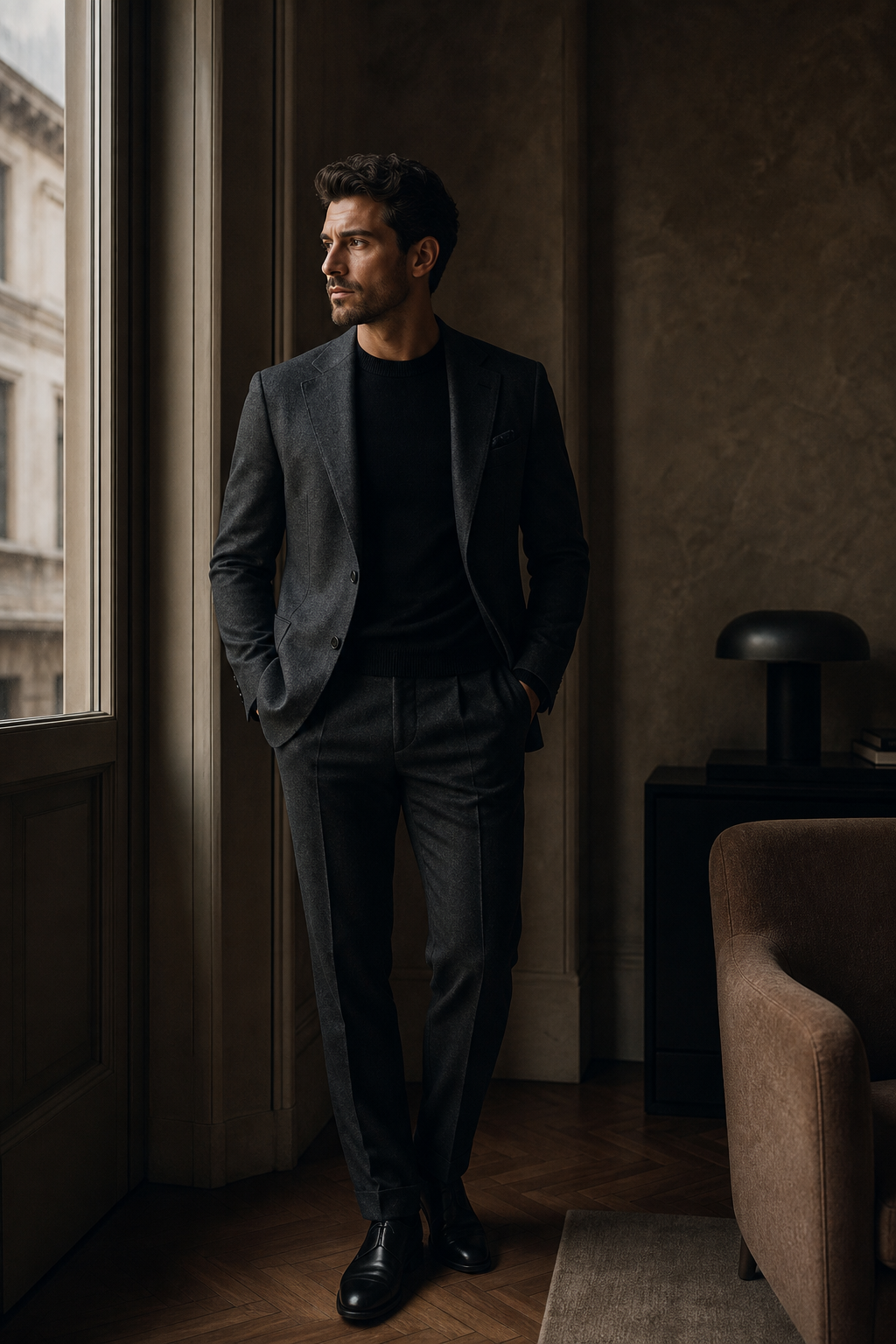 Moody editorial portrait of a well-dressed man in a tailored charcoal blazer by a tall window, soft natural light and refined European atmosphere