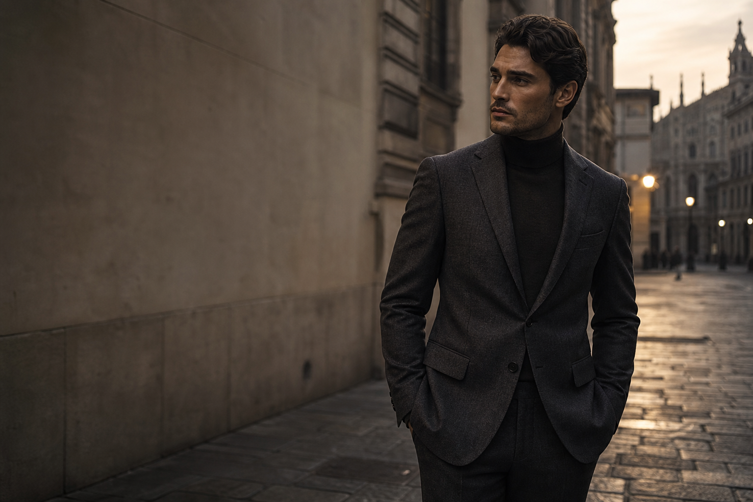 Cinematic portrait of a refined man in a tailored charcoal suit on a quiet Milan street at dusk, muted tones and understated luxury atmosphere