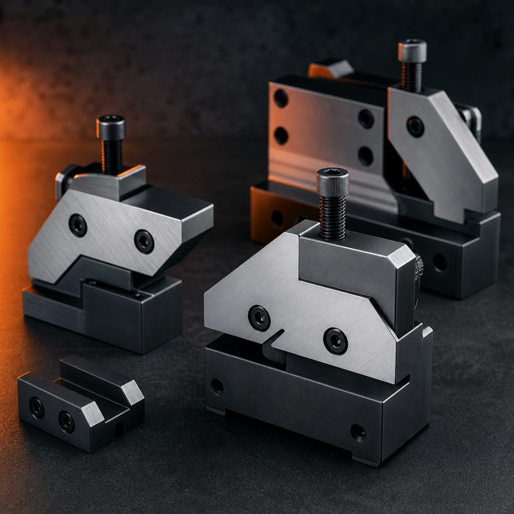 Precision-machined bending clamps with anodized steel jaws on a dark industrial surface
