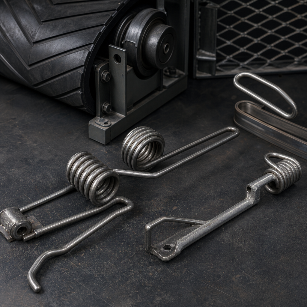 Heavy-duty wire springs sized for conveyor belt tensioning, arranged on a dark industrial work surface