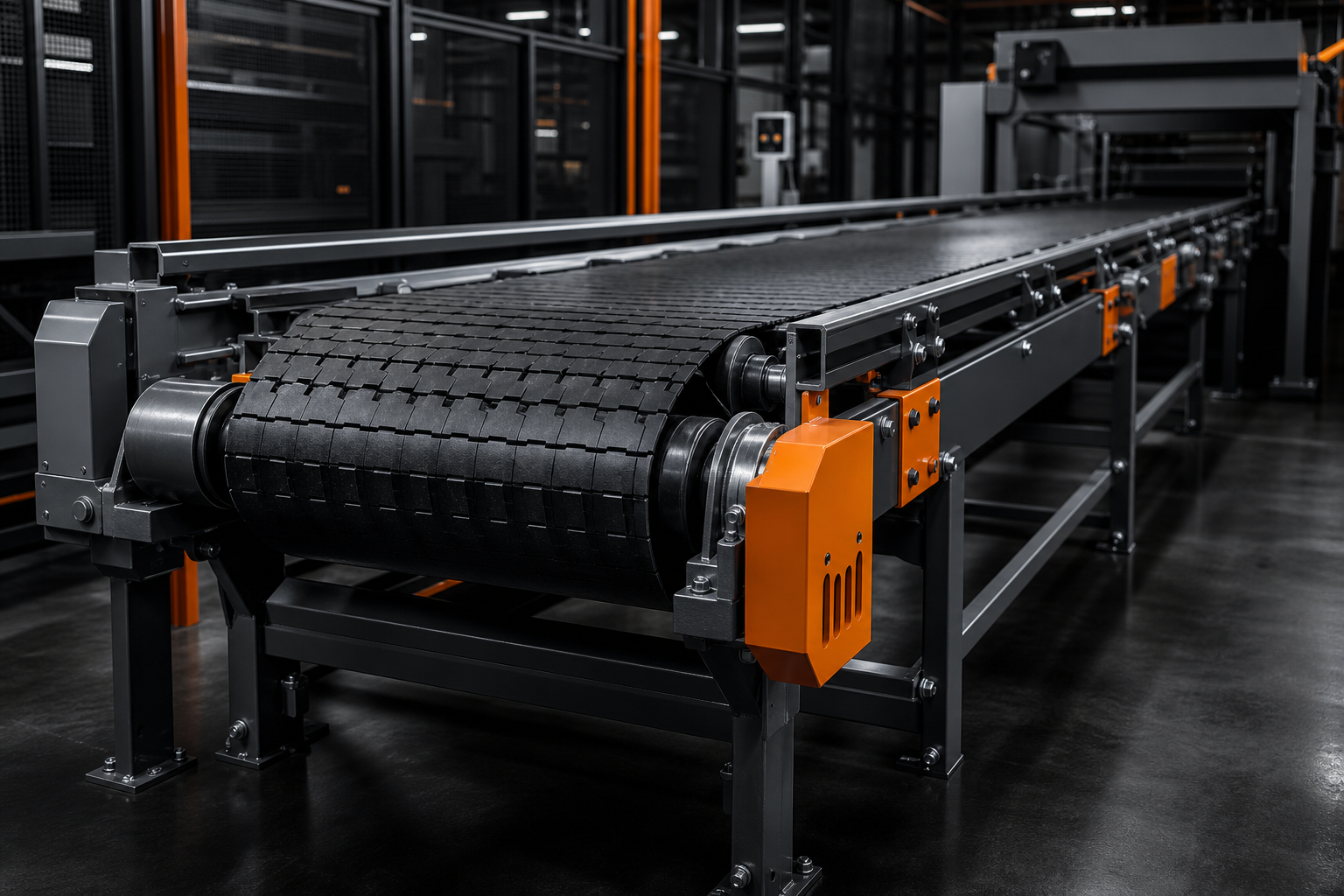 Industrial conveyor belt assembly with steel rollers and modular belt segments