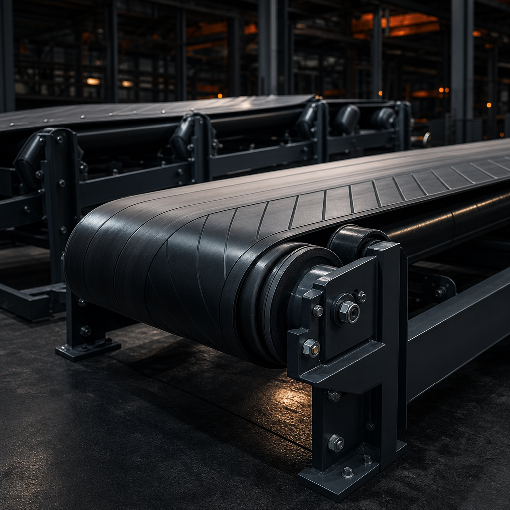 Heavy-duty industrial conveyor belt sections with reinforced rollers in a dark manufacturing bay