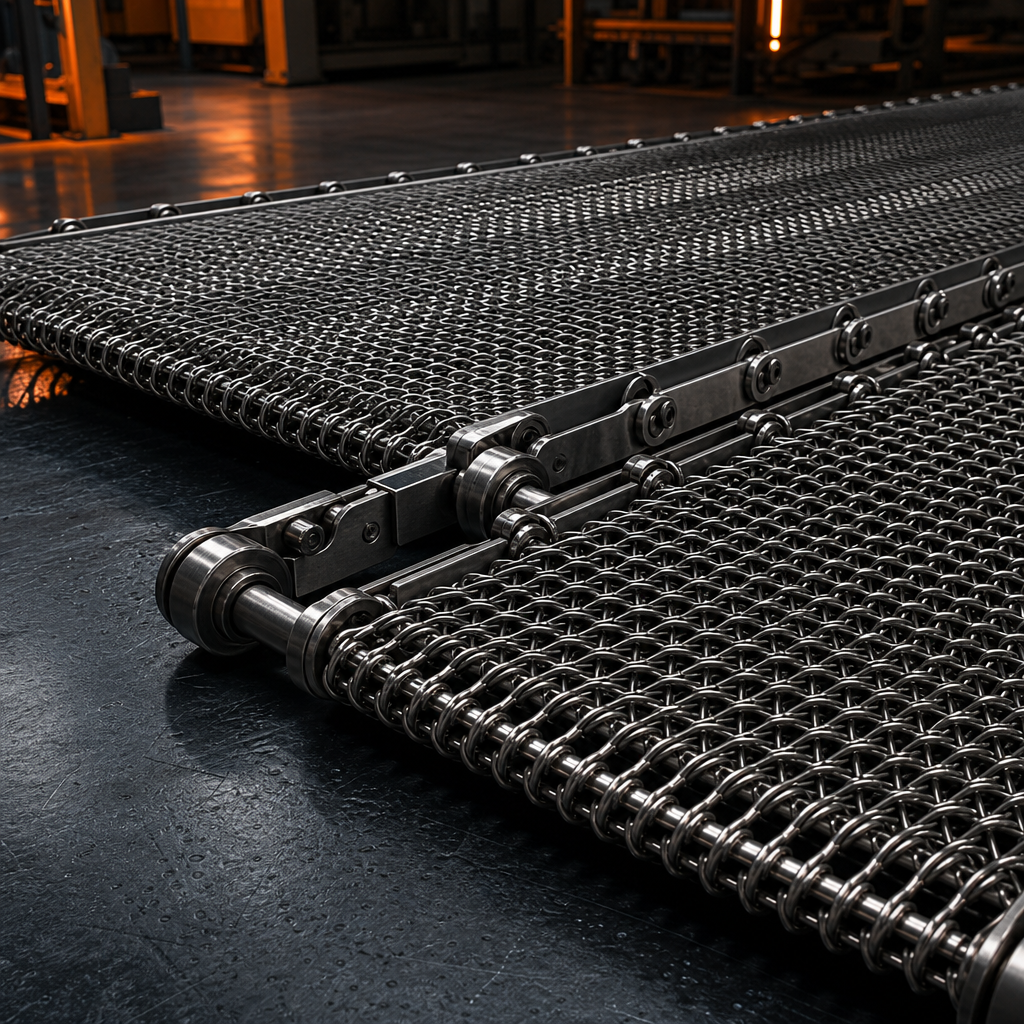 Wire mesh conveyor belt panels with woven steel links and guide rollers on a dark industrial production floor