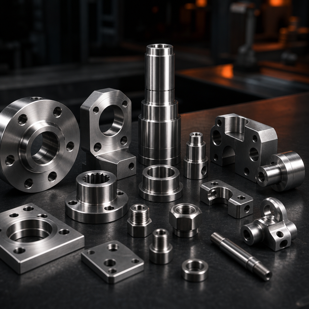 Assorted custom-machined precision components with a satin metallic sheen on a dark engineering bench