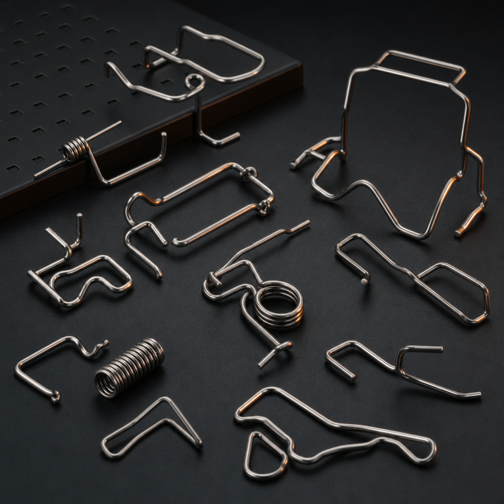 Precision formed wire components with multiple bends in brushed steel finish