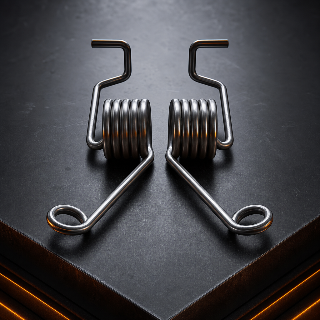 Dual-coil double torsion springs with parallel coils on a blackened steel work surface