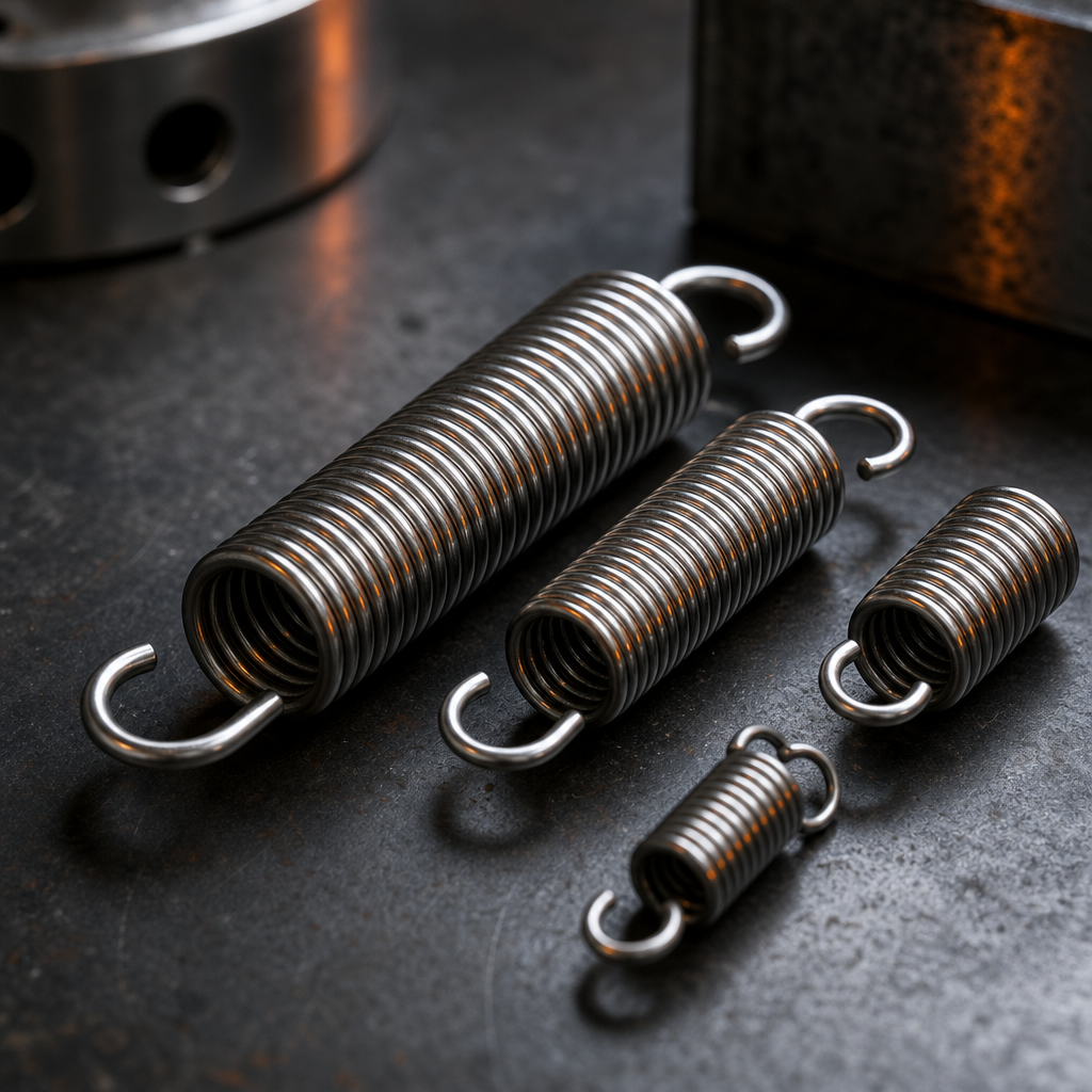 Coiled extension springs with closed hooks and a brushed steel finish on a dark industrial table