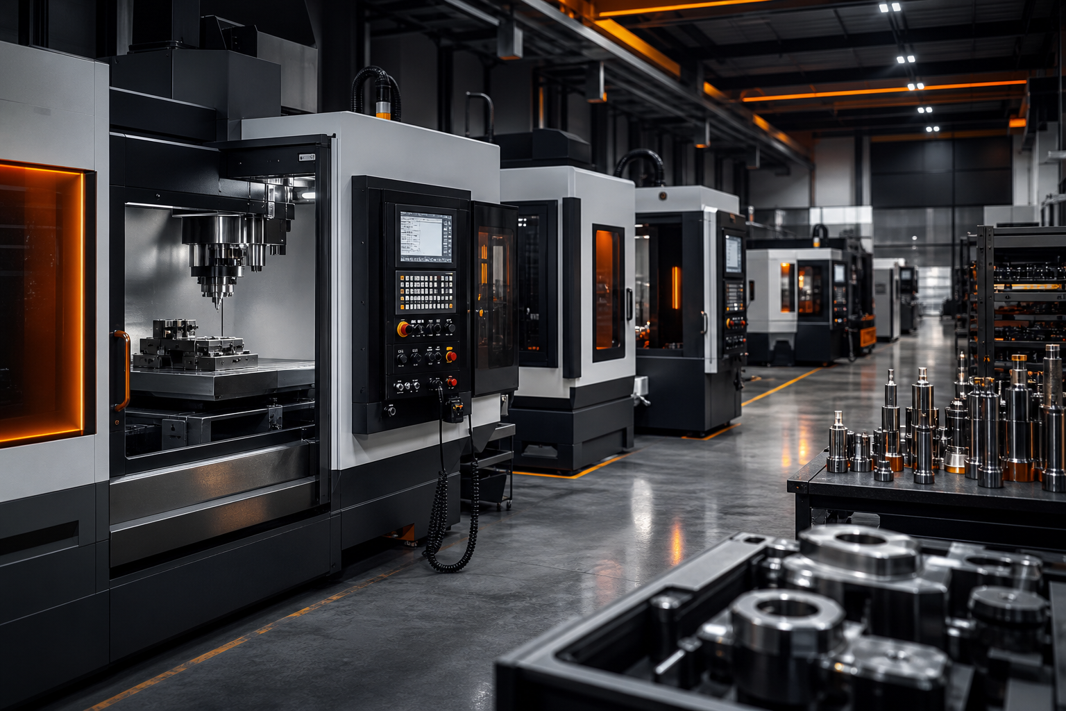 Polished industrial manufacturing floor with precision machining centers and warm orange safety lighting