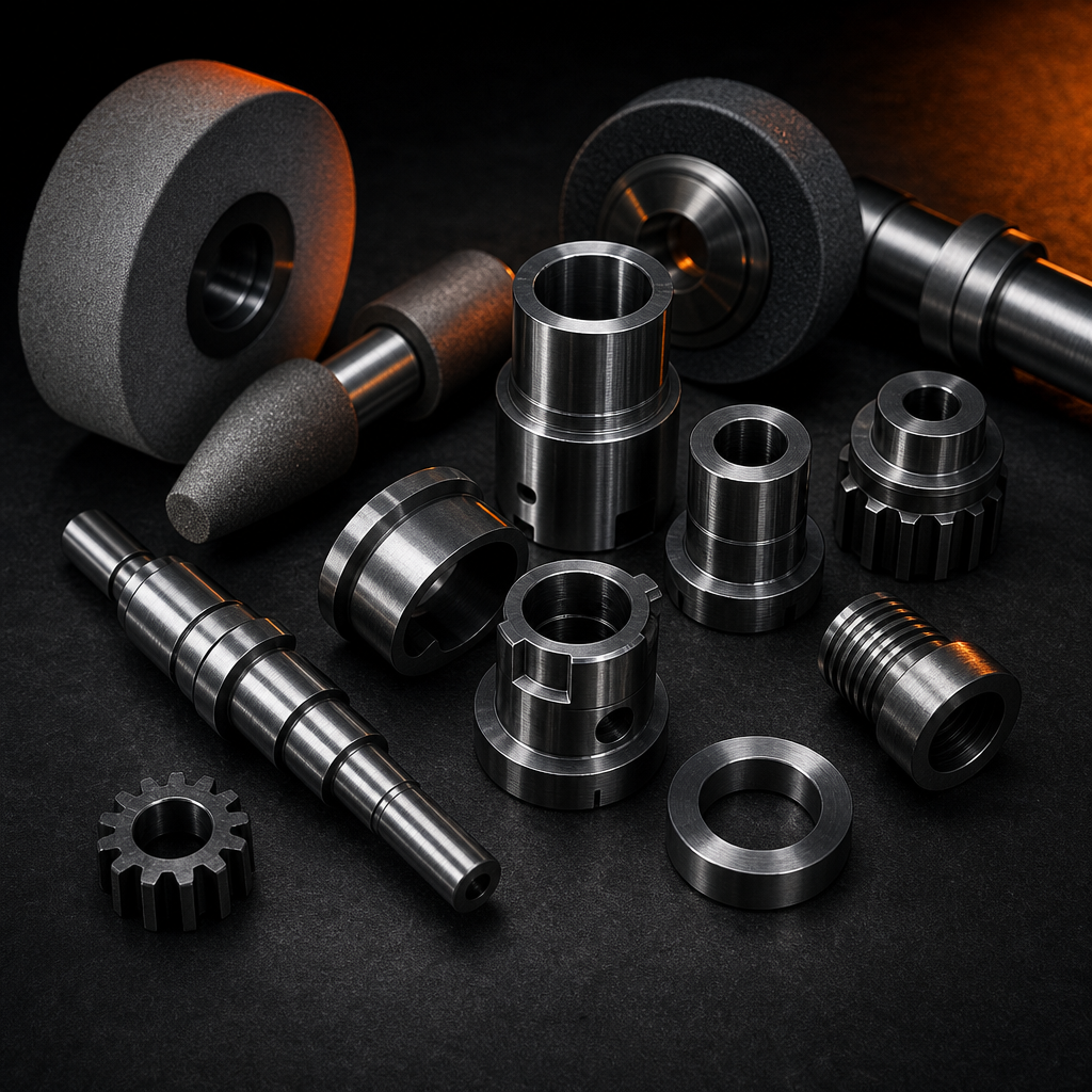 Heat-treated steel components and grinding tools with a refined metallic finish under studio lighting