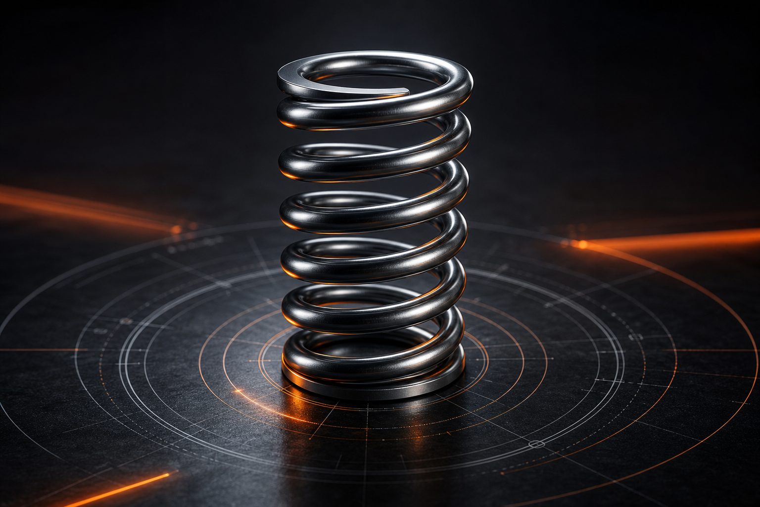 Polished metallic compression spring with 3D depth, precision coils, and subtle orange glow accents