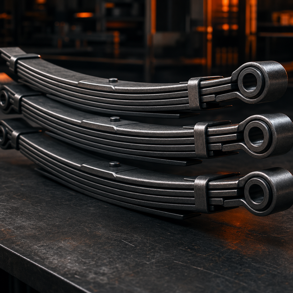 Stacked heavy-duty leaf springs with a dark oxide finish on an industrial workbench