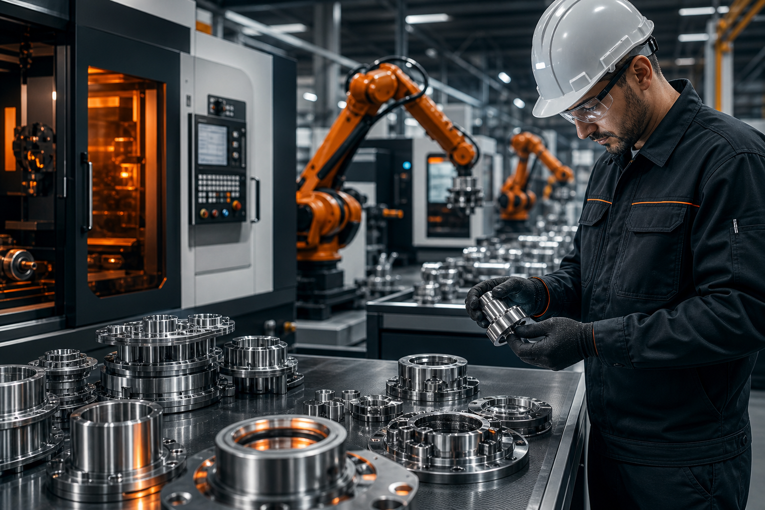 High-precision manufacturing line with CNC machines, robotic arms, and a technician inspecting polished metal components