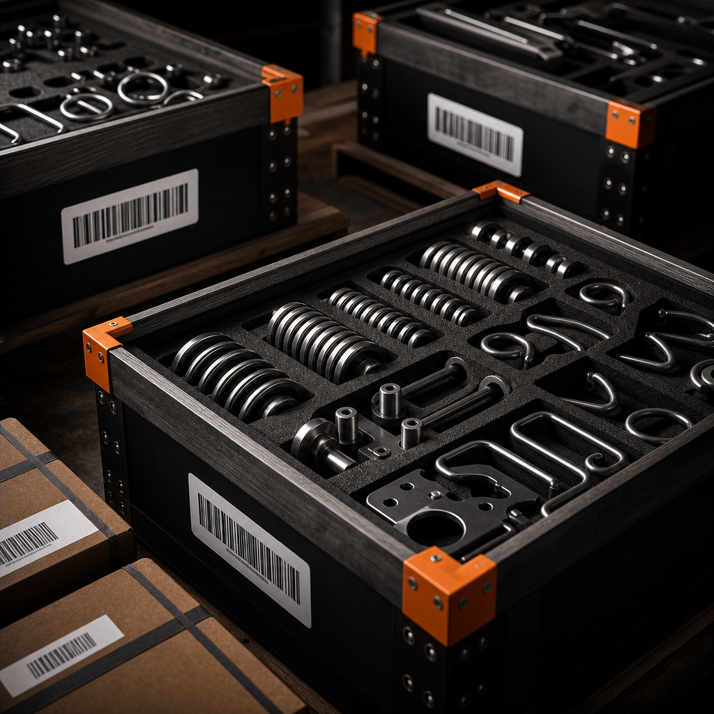 Export-grade metal components packaged in foam-lined crates with barcode labels