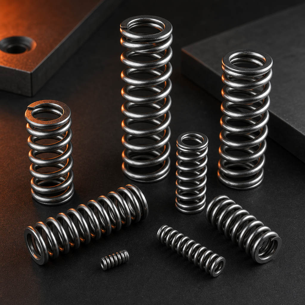 Polished stainless-steel precision springs arranged in a geometric stack on a dark industrial surface