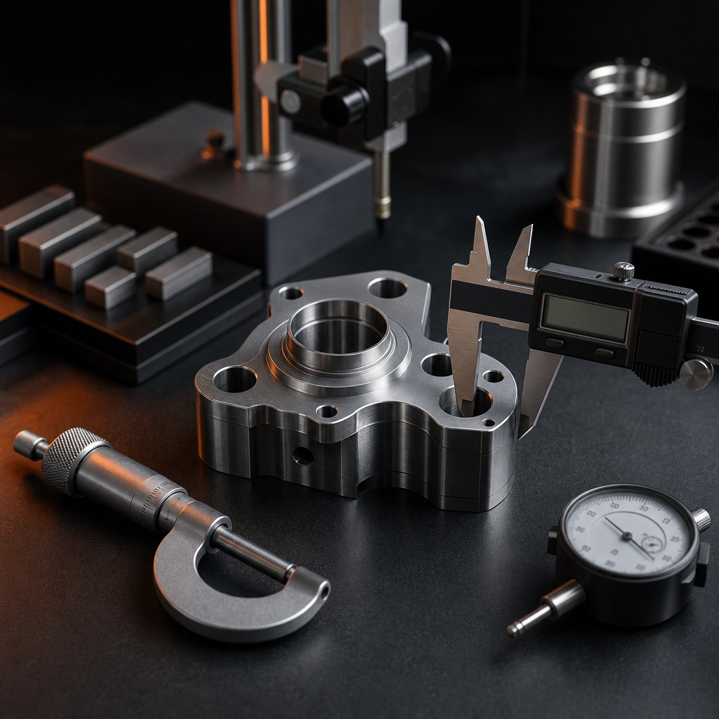 Metrology tools and calibrated gauges inspecting a precision metal component on a dark bench