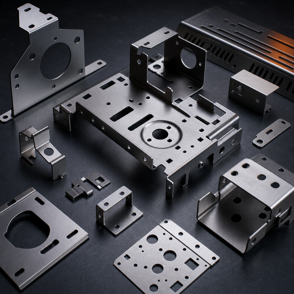 Stacked sheet metal components with precise cutouts and a matte graphite finish