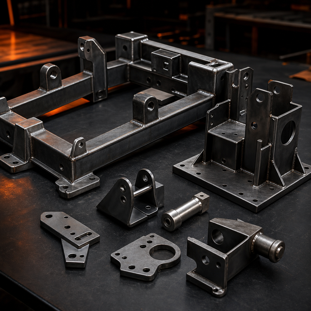 Custom fabricated industrial metal assemblies with welded frames and precision brackets on a dark workshop table
