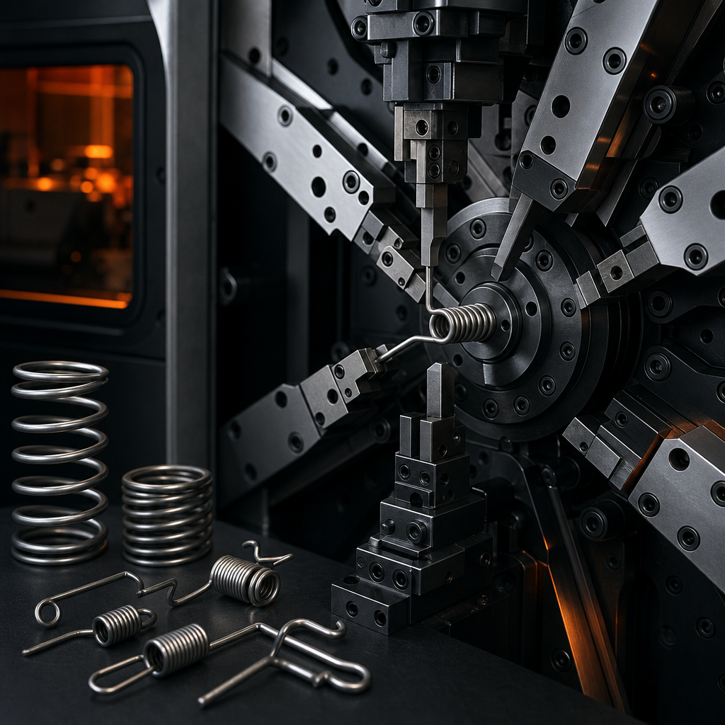 CNC spring forming wire coils and tooling heads in a dark, high-precision manufacturing cell