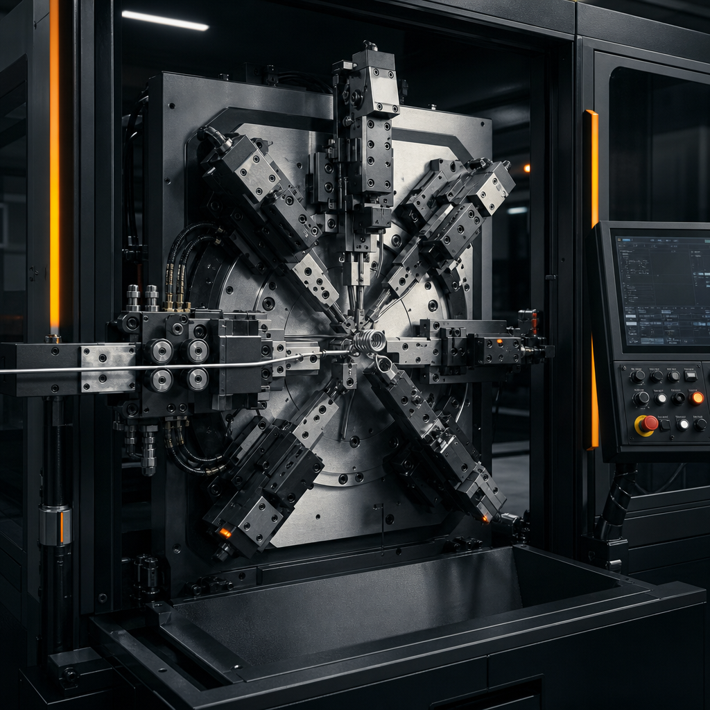 Custom-built torsion spring forming machine with multi-axis tooling and wire guides in a dark industrial cell
