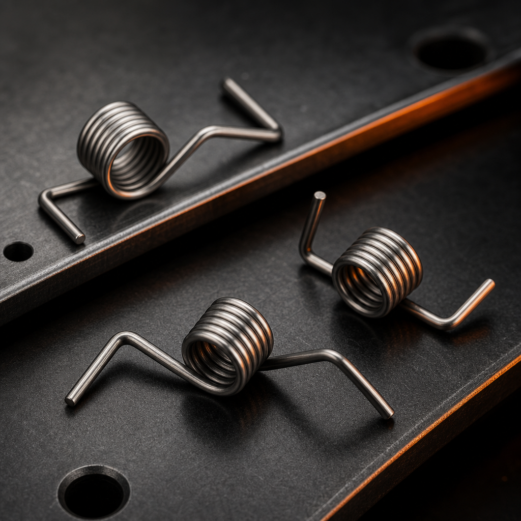 Precision torsion springs with angular legs arranged on a dark graphite metal plate