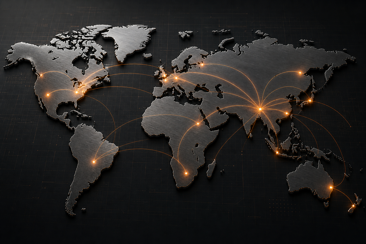 Metallic world map with highlighted export lanes and nodes on a dark background