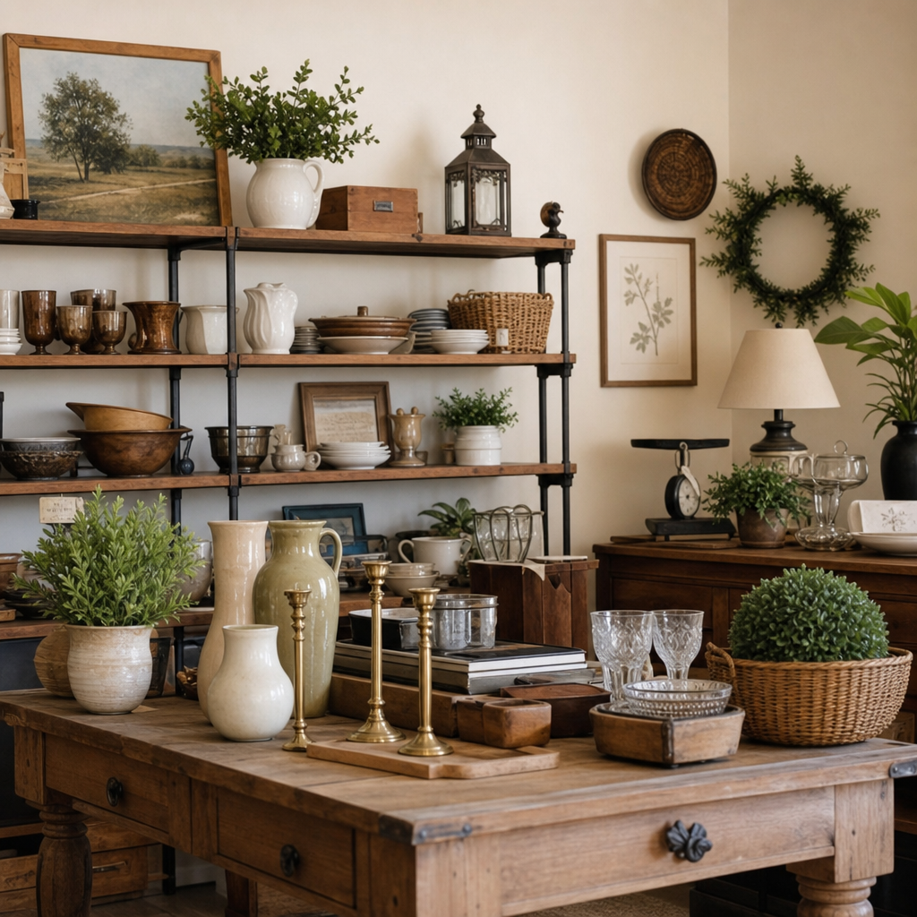 Warmly lit arrangement of curated vintage and household auction items in a tidy local showroom