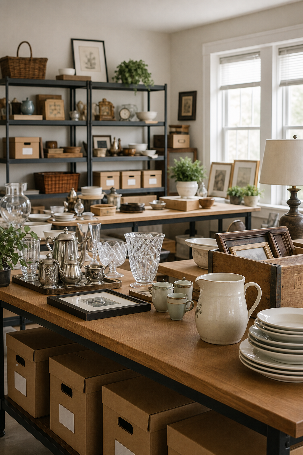 Calm, well-organized auction staging area with curated household items and neatly labeled boxes in a bright local service workspace
