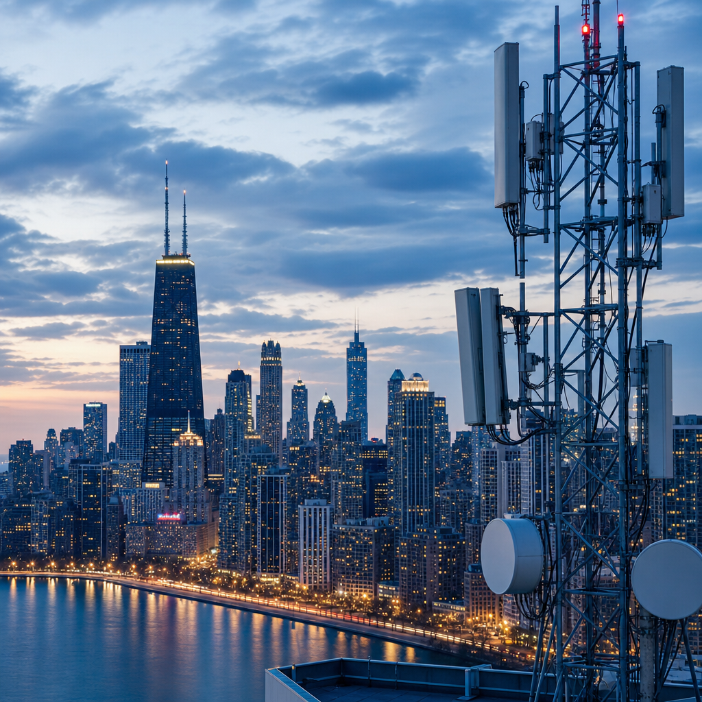 Modern U.S. skyline with telecom towers and wireless infrastructure
