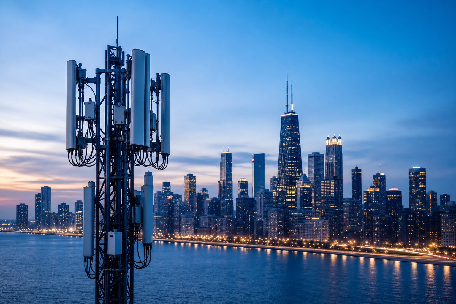 Telecom tower with 5G antennas against a U.S. city skyline at dusk