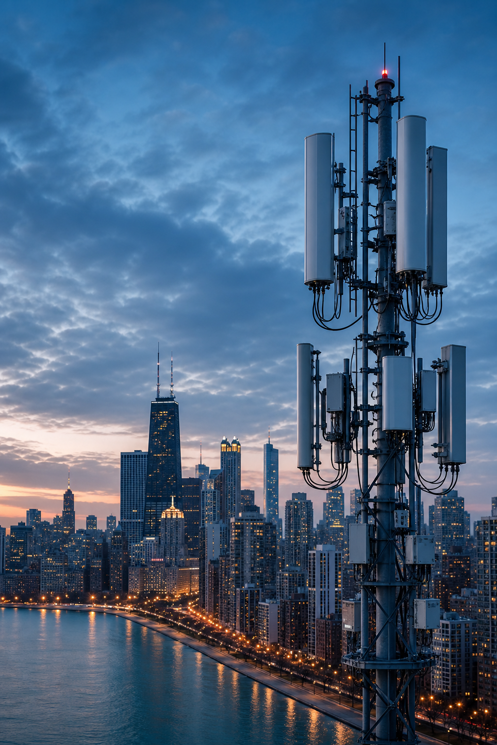 Modern telecom tower with 5G antennas rising above the Chicago skyline at dusk
