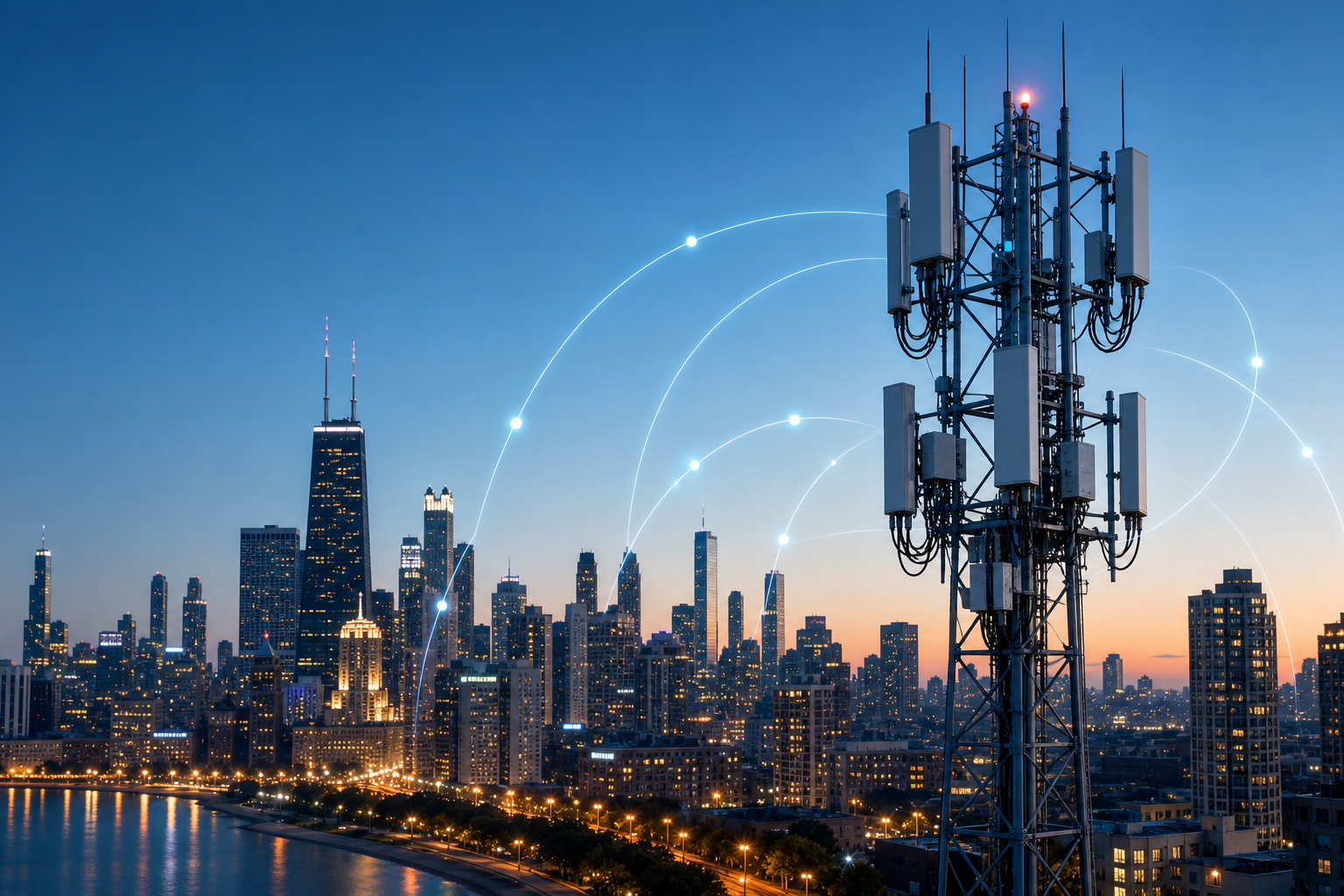 Modern telecom tower with 5G antennas and wireless signals representing nationwide network infrastructure