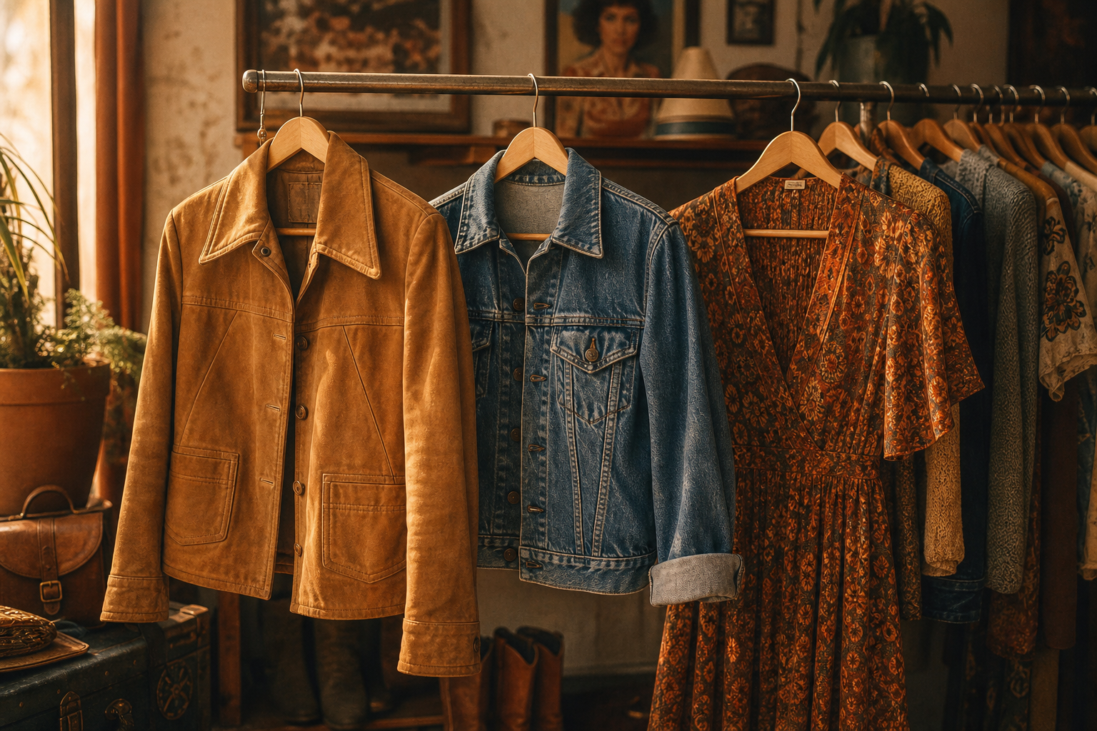 Warm film-style photo of a curated vintage clothing rack with 70s suede jackets, 80s denim, and patterned dresses in earthy tones