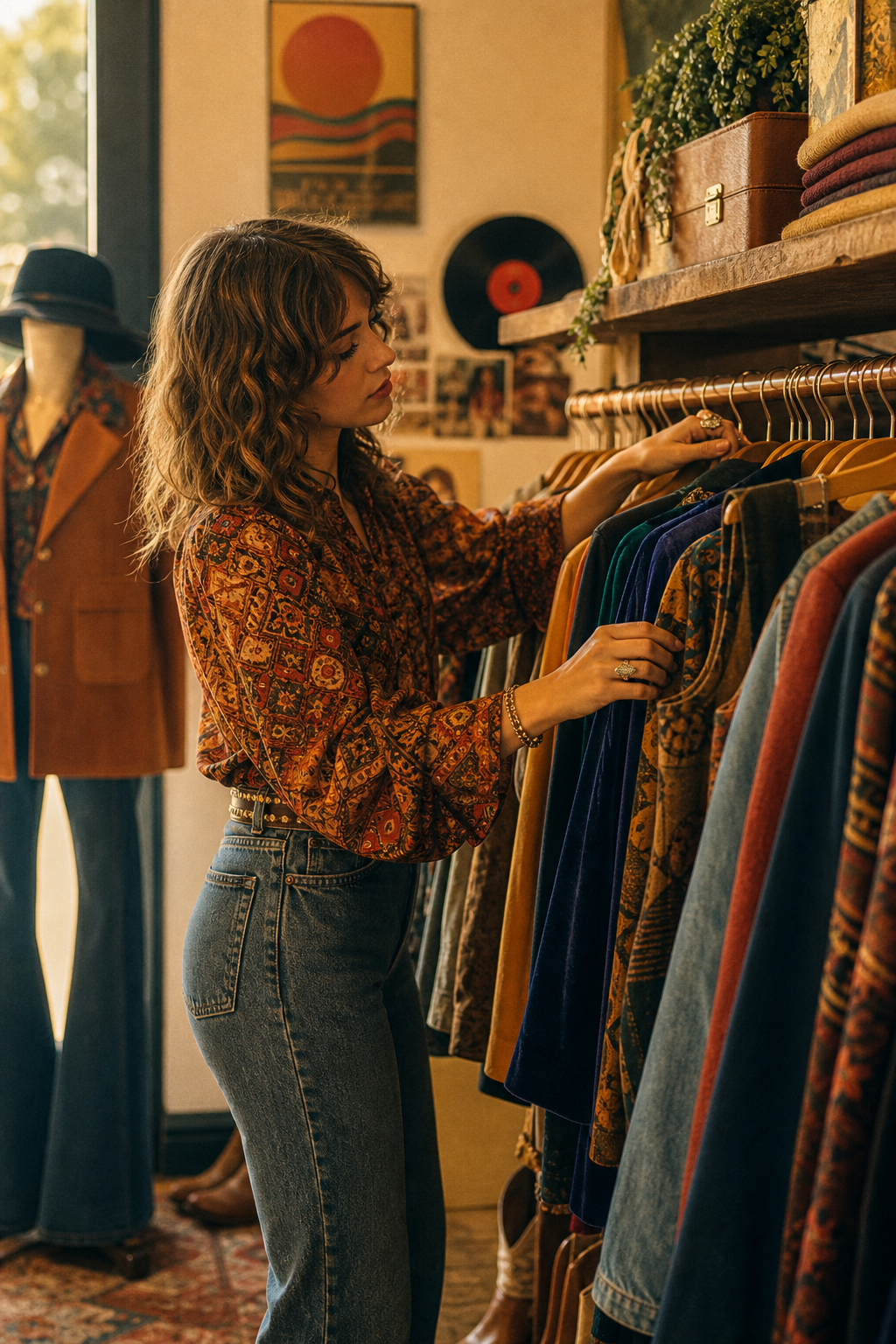 Warm film-style portrait of a stylist arranging colorful 70s and 80s vintage clothing on a rack inside a cozy boutique