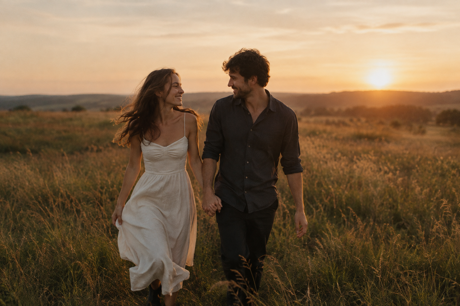 Young couple walking hand in hand through tall meadow grass at sunset