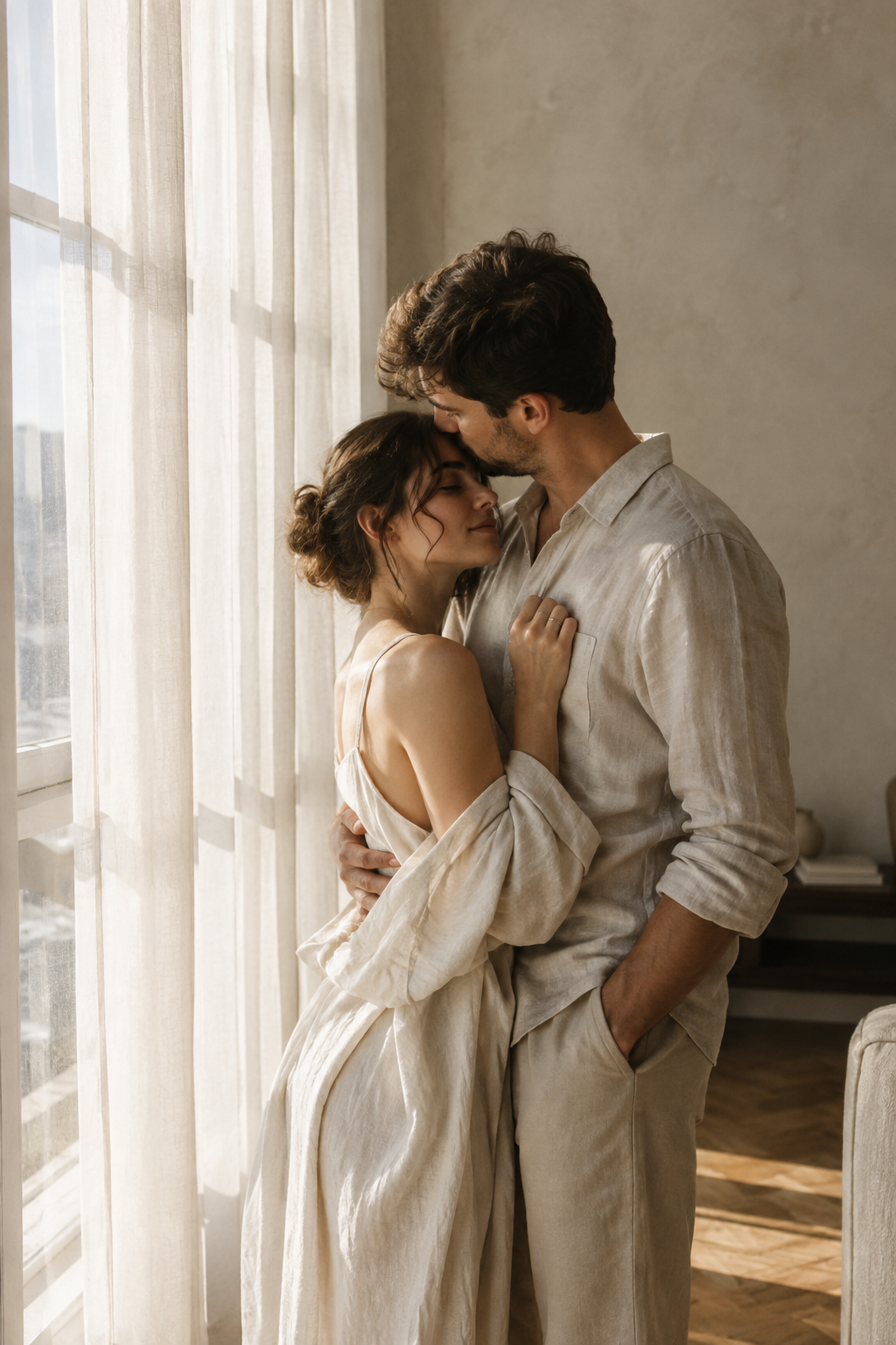 Couple embracing beside a sheer-curtained window in a softly lit apartment