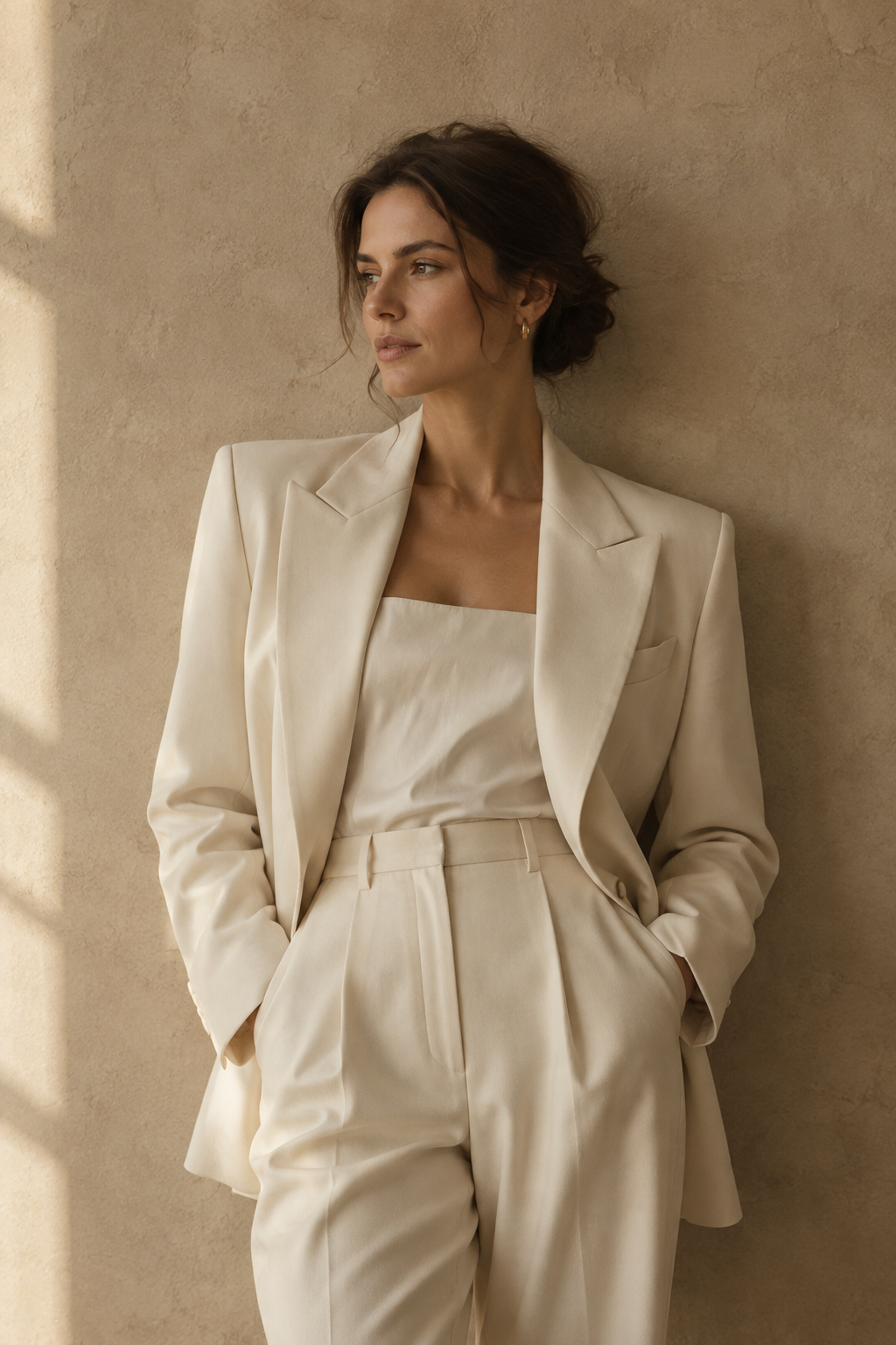Editorial portrait of a woman in a structured cream suit against a warm plaster wall