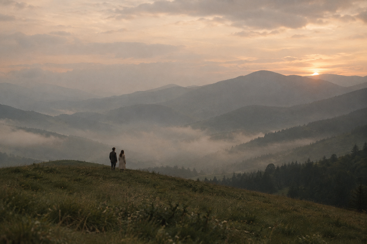 Soft analog-style image of two figures on a misty Carpathian hillside at dusk