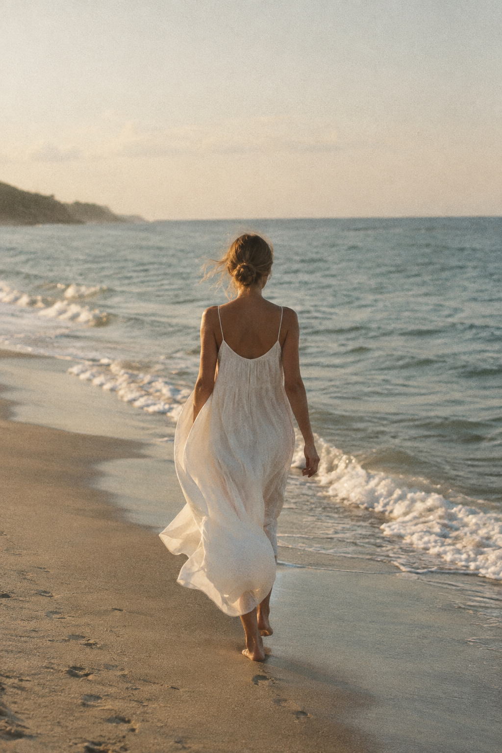 Grainy analog-style photograph of a woman in a white dress walking near the sea