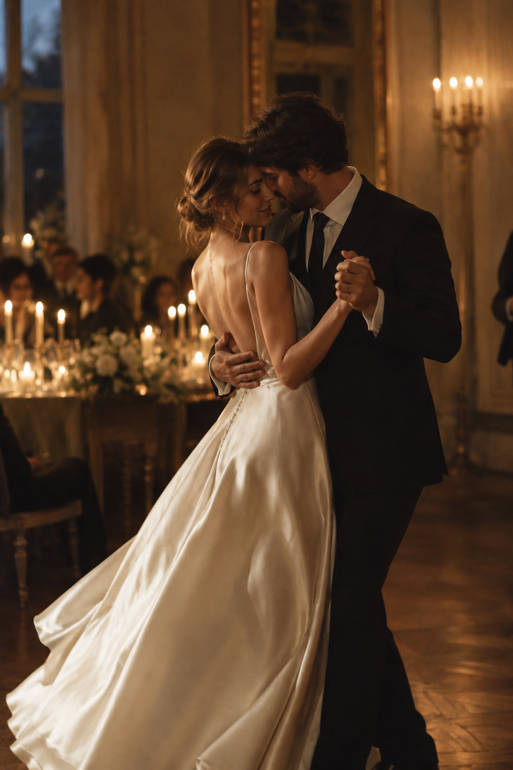 Bride in a silk gown dancing with her partner in a candlelit reception room