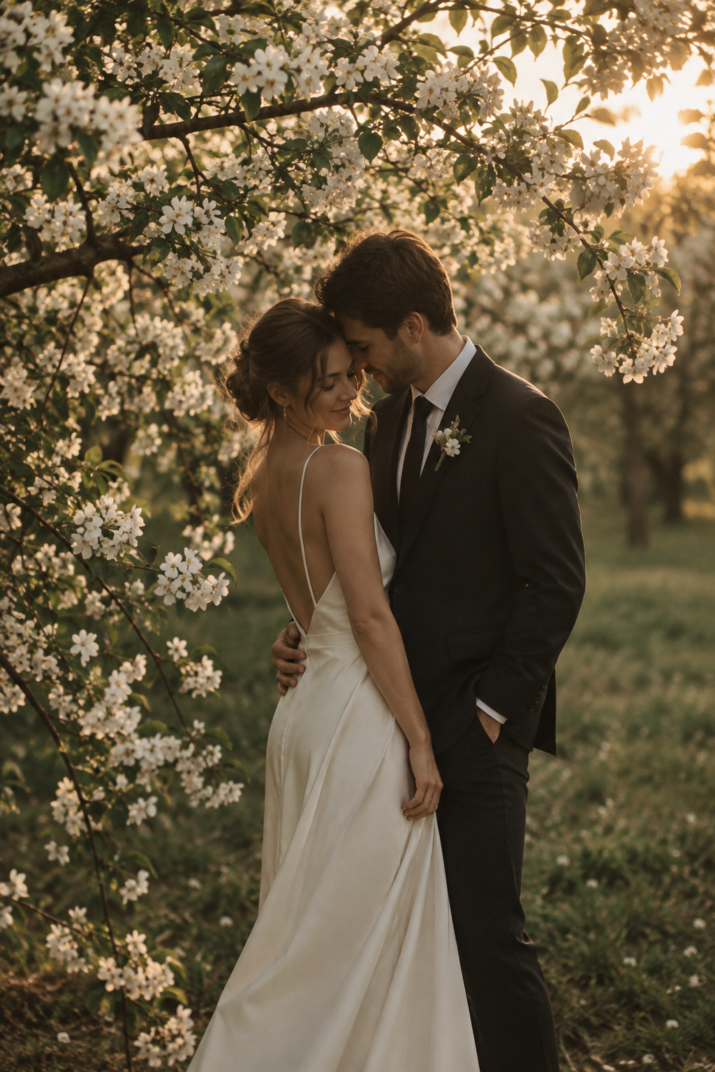 Newly married couple standing beneath flowering orchard branches in warm evening light