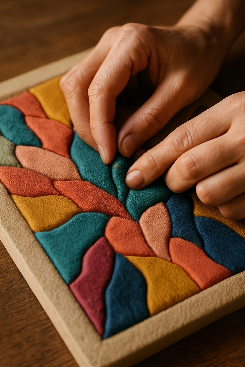 Close-up of hands placing colorful fabric pieces into a Kinusaiga mosaic