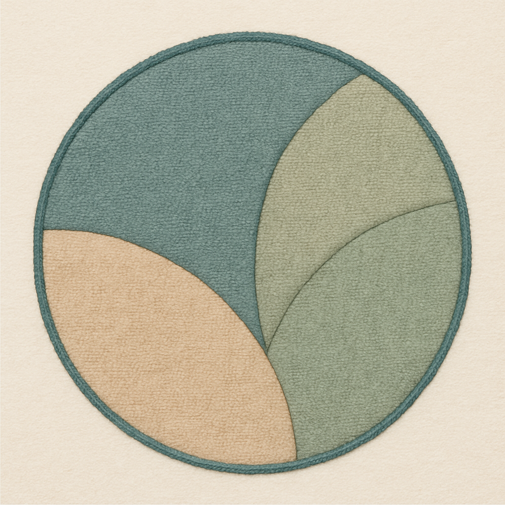 Soft muted circular Kinusaiga fabric mark with gentle layered textile textures in subdued teal, warm sand, and soft sage tones, finished with a thin teal border