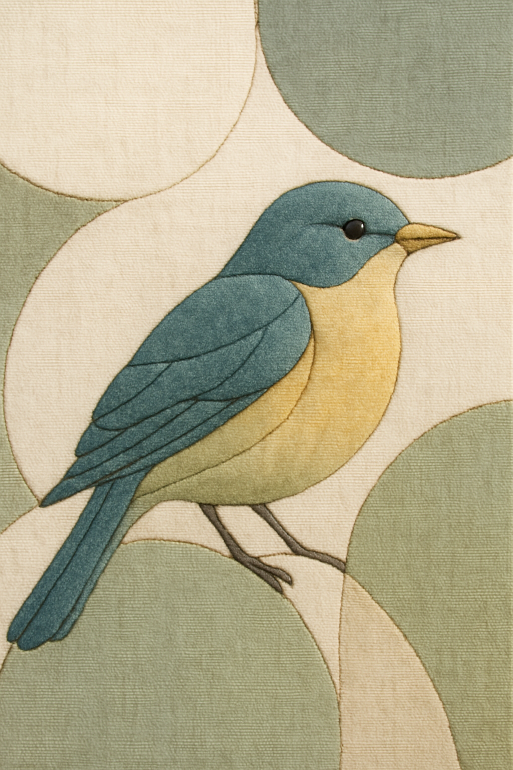 Elegant right-facing Kinusaiga bird in muted teal, gentle warm yellow, and softened spring green fabrics on a background of cream and muted green fabric circles