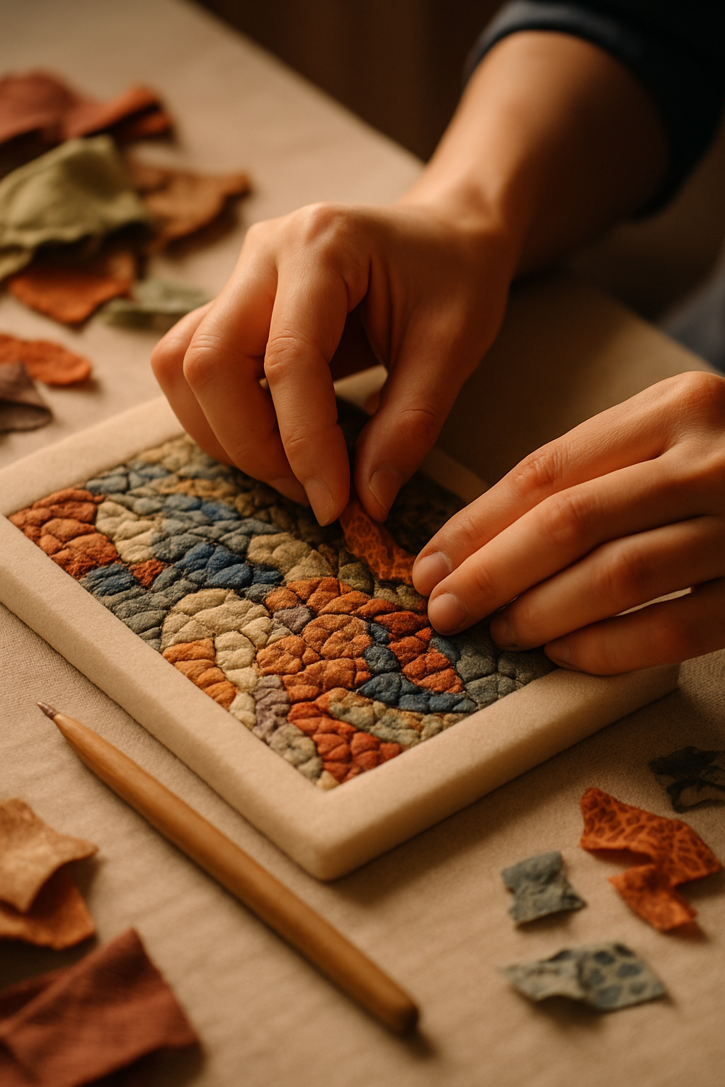 Close-up of hands shaping Kinusaiga fabric pieces with tools in a warm studio setting