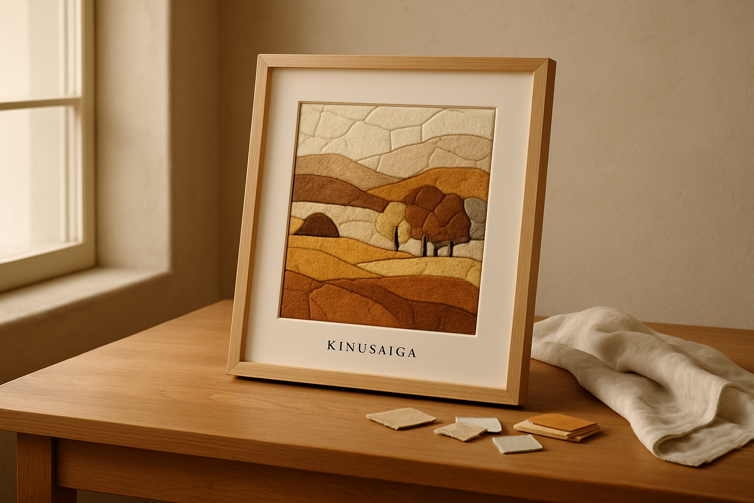 Warm studio scene with a framed fabric mosaic artwork