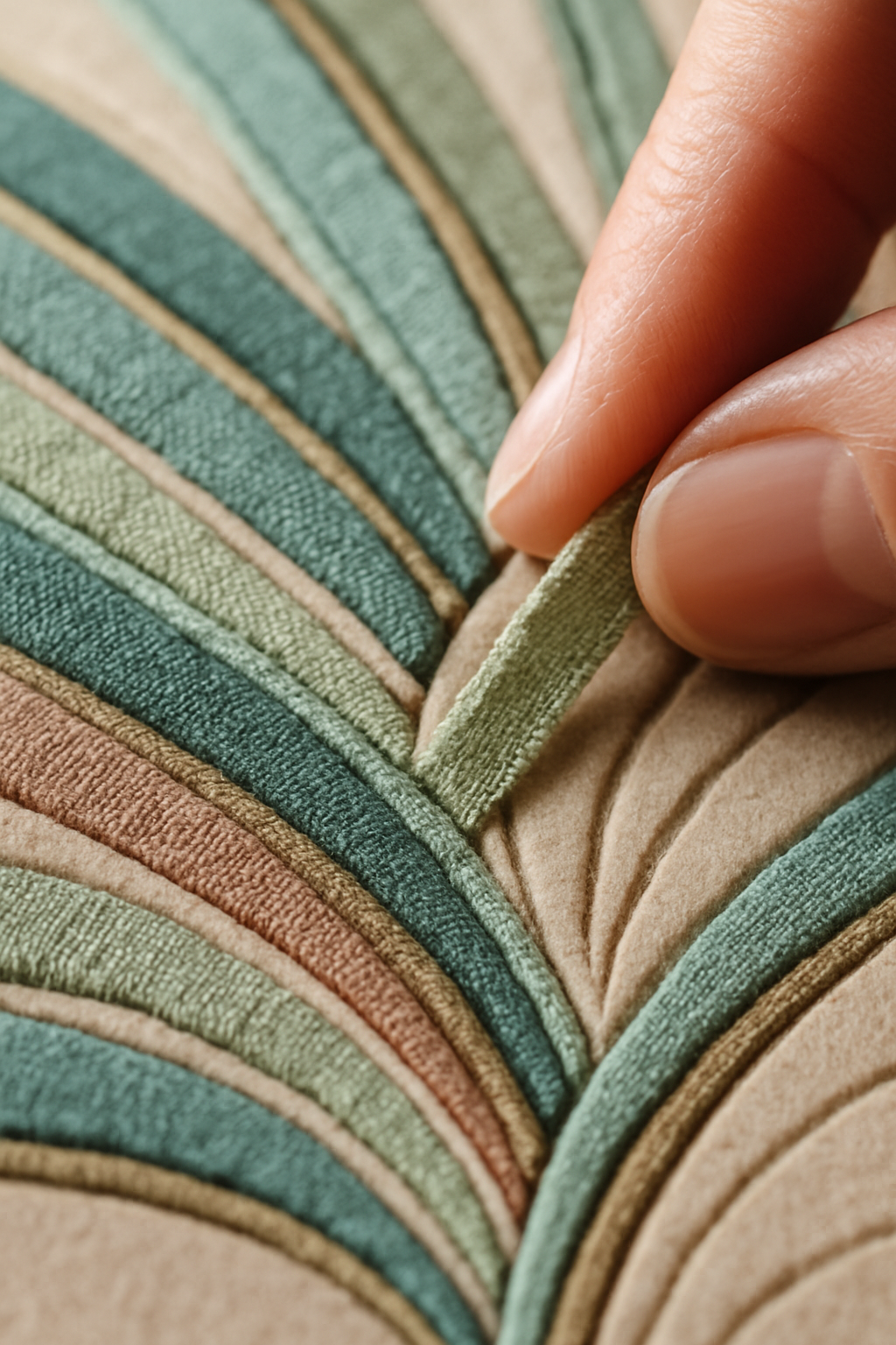 Close-up in-progress Kinusaiga artwork with fabric strips being placed, showing tactile textures and precise artisan detail