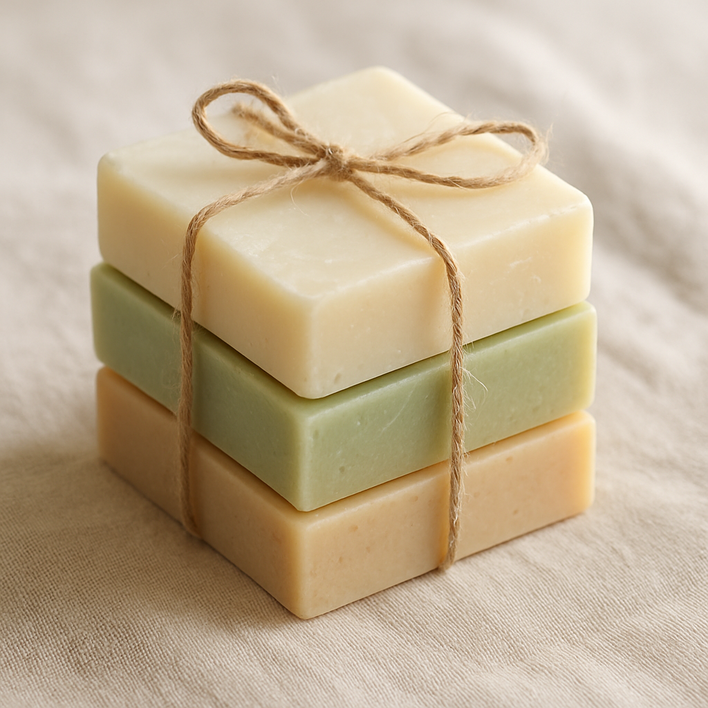 A small stack of handcrafted soap bars in soft cream, pale green, and warm beige tones, tied with simple twine and resting on linen.