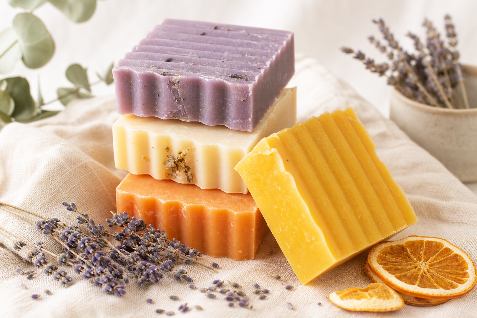 Crinkle-cut handmade soap bars in lavender purple, warm cream, sunny orange, and golden yellow tones arranged with dried botanicals on a cream linen cloth