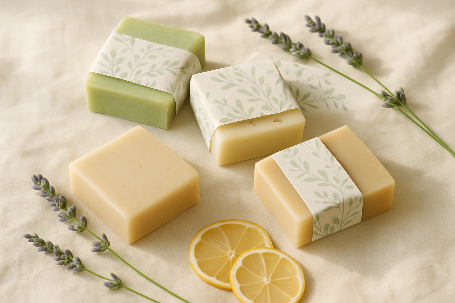 Handmade soap bars in soft botanical wrapping with sprigs of lavender and citrus slices on a cream linen cloth
